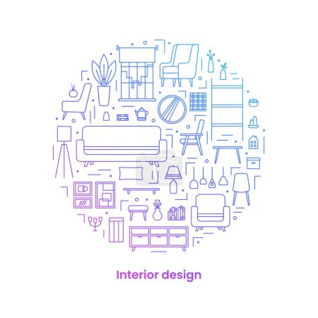 Illustration for Set icons, interior design concept. Icons arranged in the shape of a circle. Banner. Template. Gradient. Vector line illustration on white background. - Royalty Free Image