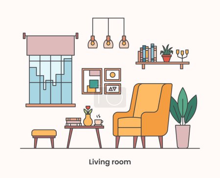 Illustration for Cozy home interior design concept. Living room interior. Vector line illustration. - Royalty Free Image