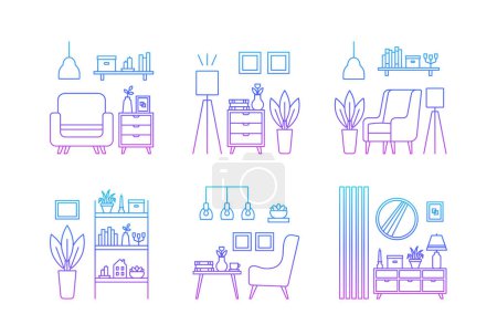 Illustration for Set icons, interior design concept. Living room interior. Gradient. Vector line illustration on white background. - Royalty Free Image