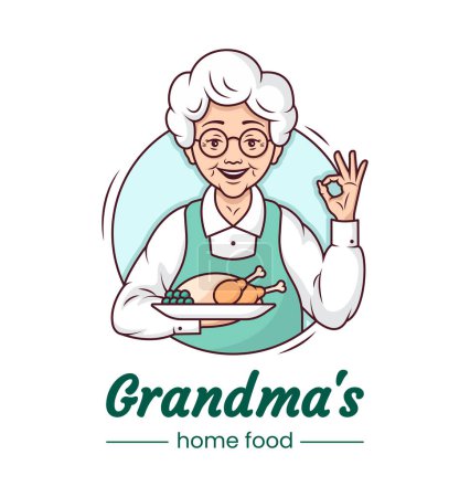 Grand-mère cuisine café logo, dessin animé personnage mignon design. Grand-mère joyeuse avec une assiette de nourriture maison appétissante. Un modèle. Illustration de ligne vectorielle.