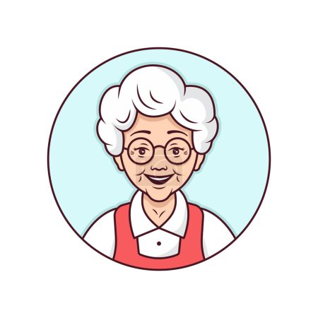 Ilustración de Feliz diseño de personaje de retrato de anciana. Avatar de una vieja hembra. Lindo vector línea ilustración. - Imagen libre de derechos