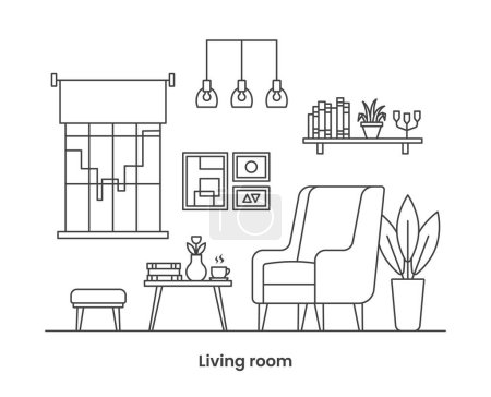 Illustration for Cozy home interior design concept. Living room interior. Vector line illustration on white background. - Royalty Free Image