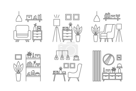 Illustration for Set icons, interior design concept. Living room interior. Vector line illustration on white background. - Royalty Free Image