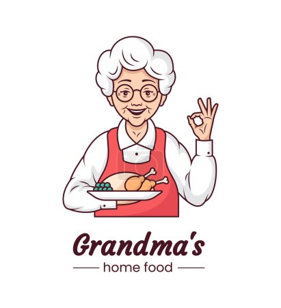 Téléchargez les illustrations : Grand-mère cuisine café logo, dessin animé personnage mignon design. Grand-mère joyeuse avec une assiette de nourriture maison appétissante. Un modèle. Illustration de ligne vectorielle. - en licence libre de droit