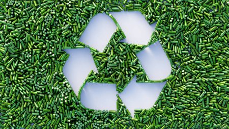 Foto de Recycle symbol made by infinite plastic bottles; original 3d rendering illustration - Imagen libre de derechos