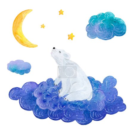 Un ours polaire sur le nuage, illustration aquarelle à imprimer.
