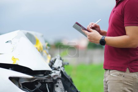 Photo for Side view of writing on tablet while insurance agent examining car after accident - Royalty Free Image
