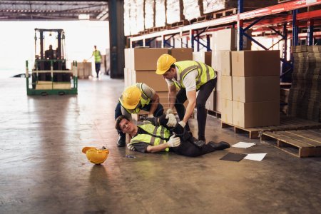 Industrial worker injured in the warehouse, factory while co-worker try to help, factory safety, construction zone, accident at factory work.