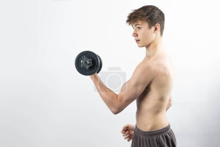 Photo for A 17 year old shirtless muscular teenage boy exercising with a dumbbell - Royalty Free Image