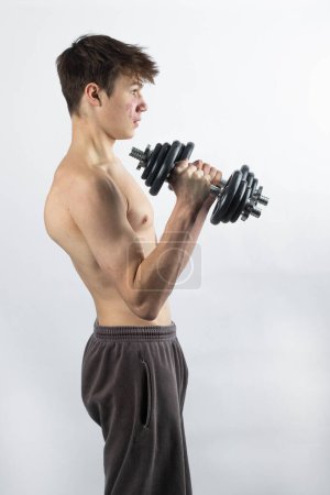 Photo for A 17 year old shirtless muscular teenage boy exercising with dumbbells - Royalty Free Image