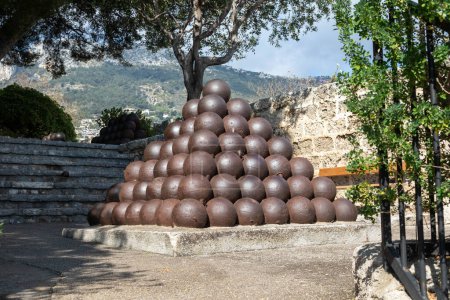 Photo for Monaco-Ville, Monaco, April 20th 2023:- A view of a pile of Canon Balls, near Fort Antoine Theatre - Royalty Free Image