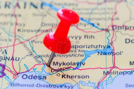Photo for The location of Mykolayiv pinned on a map of Ukraine - Royalty Free Image