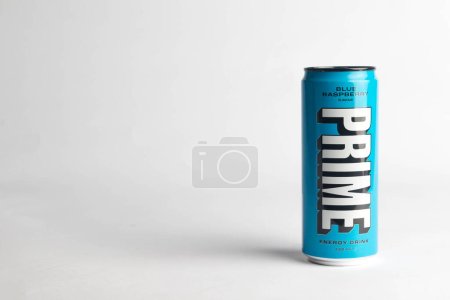 Photo for London, United Kingdom, 18th October 2023:- A Can of Blue Raspberry Prime Energy drink, promoted by Youtubers Logan Paul and KSI - Royalty Free Image