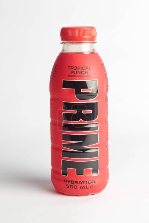 Photo for London, United Kingdom, 18th October 2023:- A bottle of Tropical Punch Prime Hydration drink, promoted by Youtubers Logan Paul and KSI - Royalty Free Image