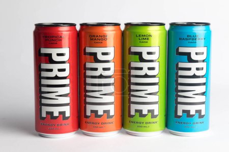 Photo for London, United Kingdom, 18th October 2023:- Four Cans of Prime Energy drink, promoted by Youtubers Logan Paul and KSI - Royalty Free Image