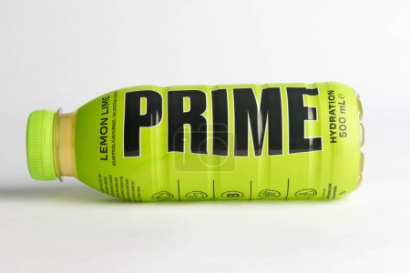Photo for London, United Kingdom, 18th October 2023:- A bottle of Lemon Lime Prime Hydration drink, promoted by Youtubers Logan Paul and KSI - Royalty Free Image