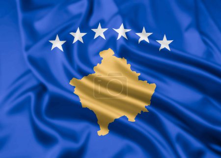 Die Flagge der Republik Kosovo, eines von Serbien beanspruchten Nicht-Mitglieds der Vereinten Nationen, mit Welleneffekt