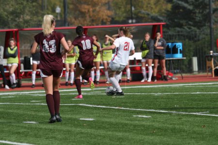 Photo for Wash U (Bears) vs. University of Chicago (Maroons) women's soccer at Francis Olympic Field on the St. Louis Campus. The game ended in a tie. The Wash U Bears won the UAA 2023 Title, UAA Women's Soccer Champions - Royalty Free Image