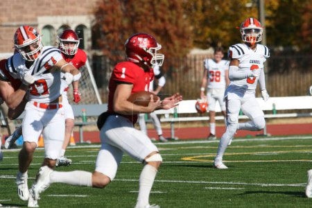 Photo for Wash U (Bears) vs. Carroll University (Pioneers) at Francis Olympic Field, St. Louis, Missouri, USA. Wins 35-23 on Senior Day 2023. American football player/players - Royalty Free Image