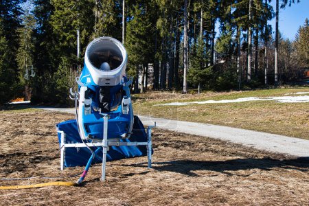 Photo for Ski slope without snow, Snow cannon in winter time. Czech Republic. - Royalty Free Image