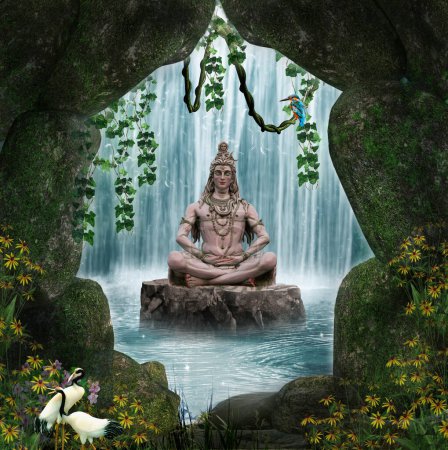 3d wallpaper , stone cave background with lord shiva sitting on stone