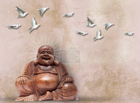 3D-Tapete, Textur Hintergrund mit lachenden Buddha und weißen Vögeln, benutzerdefinierte Tapeten-Design