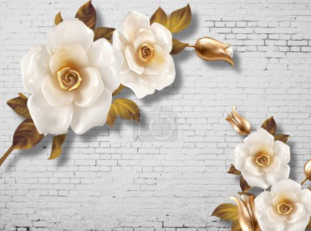 3D-Tapete, weißer Backsteinhintergrund mit schönen Blumen auf Zweig