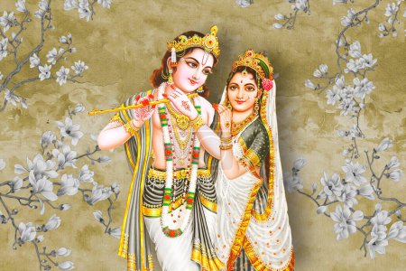 3D-Illustration des indischen Gottes Radha Krishna, gelber Texturhintergrund mit Blumen auf Zweig.
