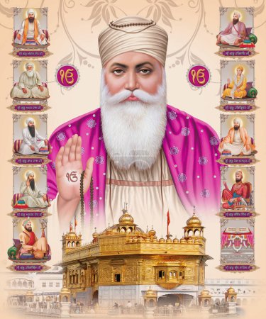 Ilustración 3d del primer gurú sij, Guru Nanak Dev Ji Maharaj para el festival Guru Nanak Jayanti de celebración sij
