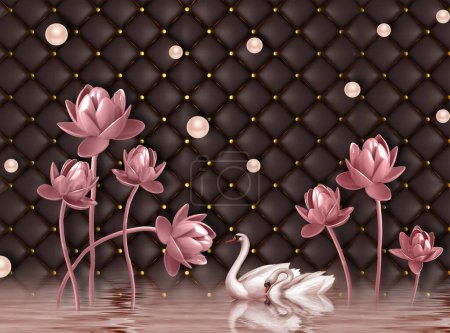 Téléchargez les photos : Fond d'écran 3D, fond de tissu canapé avec de belles fleurs de lotus dans l'eau, conception de papier peint de salon - en image libre de droit