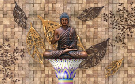 3d wallpaper design with wooden cubic background , golden and brown leaves , lord buddha sitting on pillar 