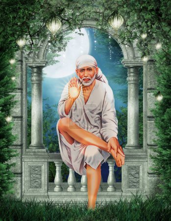 Night forest background with arch , indian god sai baba sitting on piller - temple room decoration wallpaper