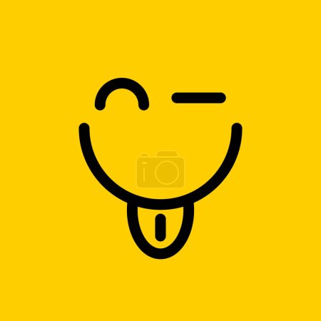 Illustration for Cheer up poster, wink logo, blink icon. Yellow and black funny card with smile and tongue sticking out - Royalty Free Image