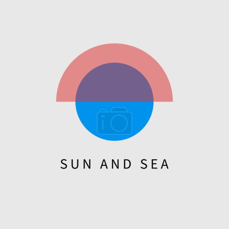 Illustration for Sun and sea geometric minimal logo. Minimalistic simple round logotype, travel agency sign. Sun and ocean symbol - Royalty Free Image