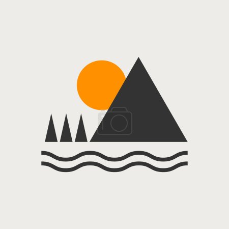 Illustration for Camping logo, mountain, river and sun. Tourism flat simple minimal geometric icon with mountains and forest. Summer camping concept - Royalty Free Image