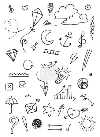 Illustration for Doodle vector set illustration with hand draw line art style vector. Crown, king, sun, arrow, heart, love, star, swirl, swoops, emphasis, for concept design - Royalty Free Image