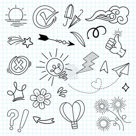 Illustration for Doodle vector set illustration with hand draw line art style vector. Crown, king, sun, arrow, heart, love, star, swirl, swoops, emphasis, for concept design - Royalty Free Image