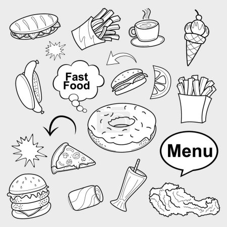 Fast food doodle set, vector symbols and objects. Poster 646080352
