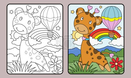 Téléchargez les illustrations : Livre à colorier de girafe et montgolfière ou page éducative pour enfants et école primaire, illustration vectorielle. - en licence libre de droit