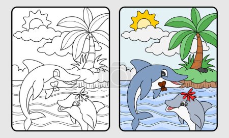 Téléchargez les illustrations : Éducation des dauphins et des plages livre de coloriage pour enfants et école primaire, illustration vectorielle. - en licence libre de droit