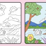 learn coloring for kids and elementary school. swans, lakes, mountains and others.