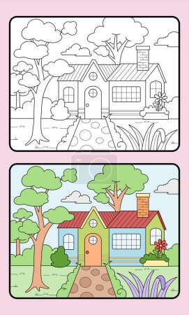 Illustration for Learn coloring for kids and elementary school. house, tree, garden. - Royalty Free Image