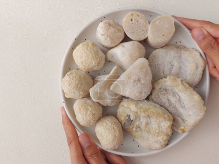 Photo for Pempek frozen on white plate. pempek is traditional food from palembang city,south sumatera, indonesia. it has some  shapes with different names. there are adaan, kapal sea, kulit and lenjer. - Royalty Free Image