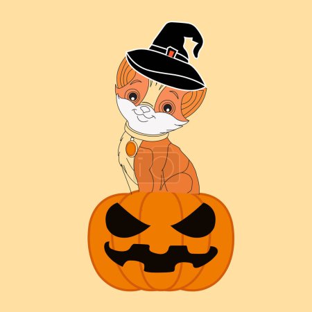 Ilustración de Halloween gato sentado en la calabaza con sonrisa en la cara vector ilustración - Imagen libre de derechos