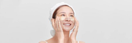 Photo for Banner of romantic woman face with under eye patches from dark-circles and tired skin look. - Royalty Free Image