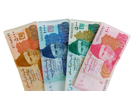 Foto de Moneda paquistaní aislada sobre fondo blanco: rupias paquistaníes. 5000,1000,500,100 Rupias - Imagen libre de derechos
