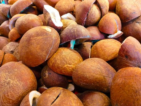 Téléchargez les photos : Demi cassé fond de noix de coco complètement séchée - en image libre de droit