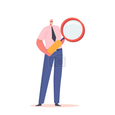 Illustration for Male Character Holding Huge Magnifying Glass. Concept of Information Research, Frequently Asked Questions, Query, Investigation, Man Looking Through Magnifier. Cartoon Vector Illustration - Royalty Free Image