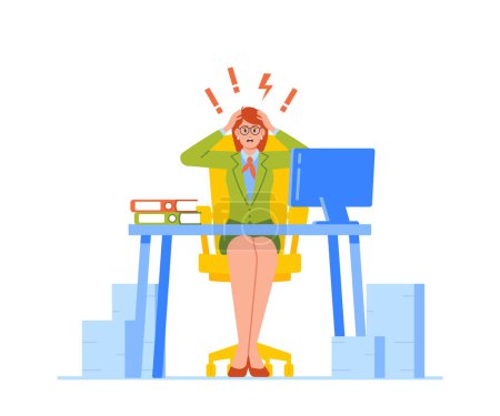 Stress, Deadline, Problem at Work Concept. Stressed Businesswoman Sitting with Flashes and Exclamation Marks over Head. Overloaded Employee with Documents Mess on Desk. Cartoon Vector Illustration Poster 619476906