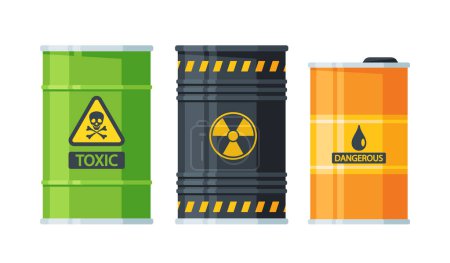Illustration for Flammable Waste in Safety Drums, Containers With Chemical Explosive Substance, Fuel Barrel Storage For Transportation, Nuclear, Toxic Chemical Uranium, Flammable Hazardous Liquids. Vector Illustration - Royalty Free Image